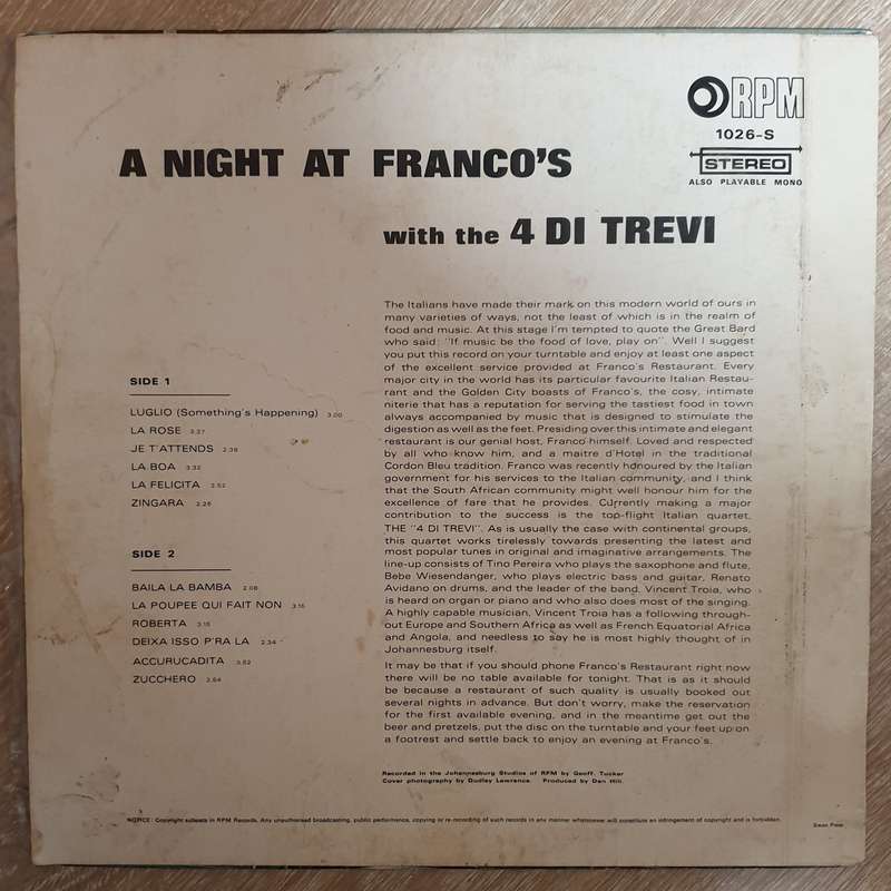 A Night at Franco Italian Resturant Licenced - Vinyl LP Record (VG)