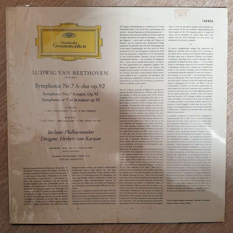 Beethoven, Berliner Philharmoniker · Herbert von Karajan  Symphonie Nr. 7 -  Vinyl LP Record ...