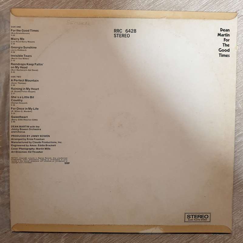 Dean Martin - For The Good Times -  Vinyl LP Record - Very-Good+ Quality (VG+)