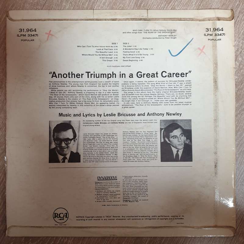 Anthony Newley  Who Can I Turn To And Other Songs From "The Roar Of The Greasepaint" -  Vin...