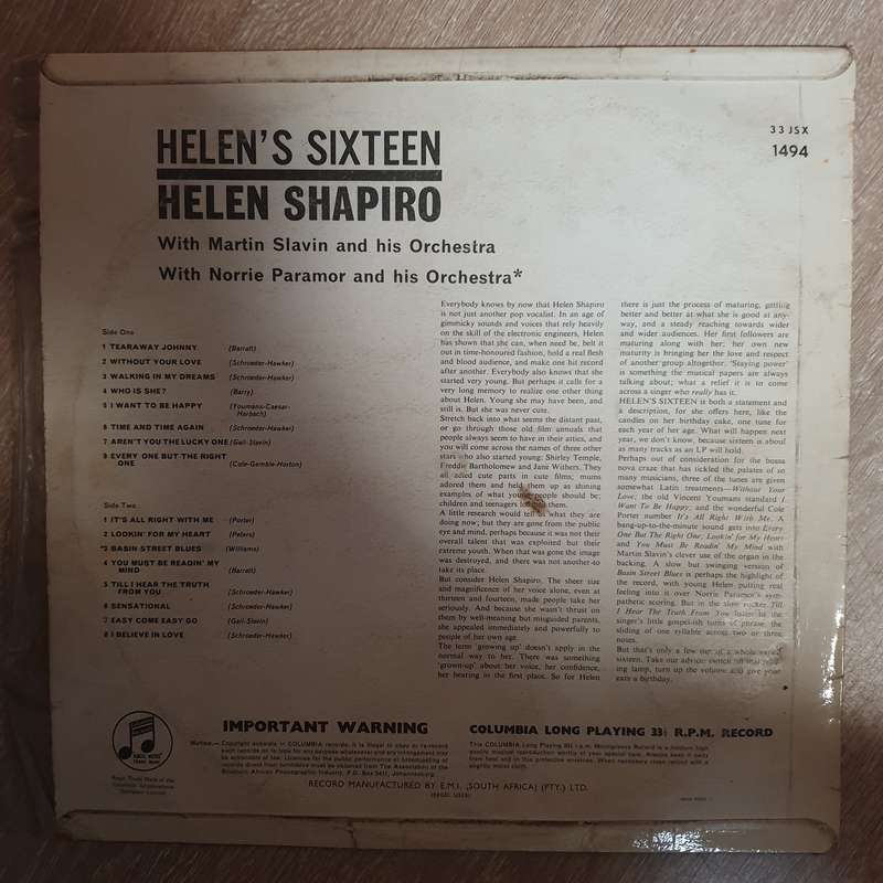 Helen Shapiro - With Martin Slavin And His Orchestra - Helen's Sixteen - Vinyl LP Record - Opened...