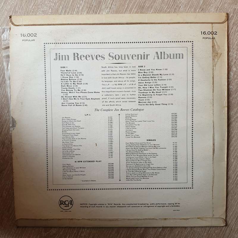 Jim Reeves  Souvenir Album  (Rare - 16  RPM) - Vinyl LP Record - Opened  - Very-Good+ Qu...