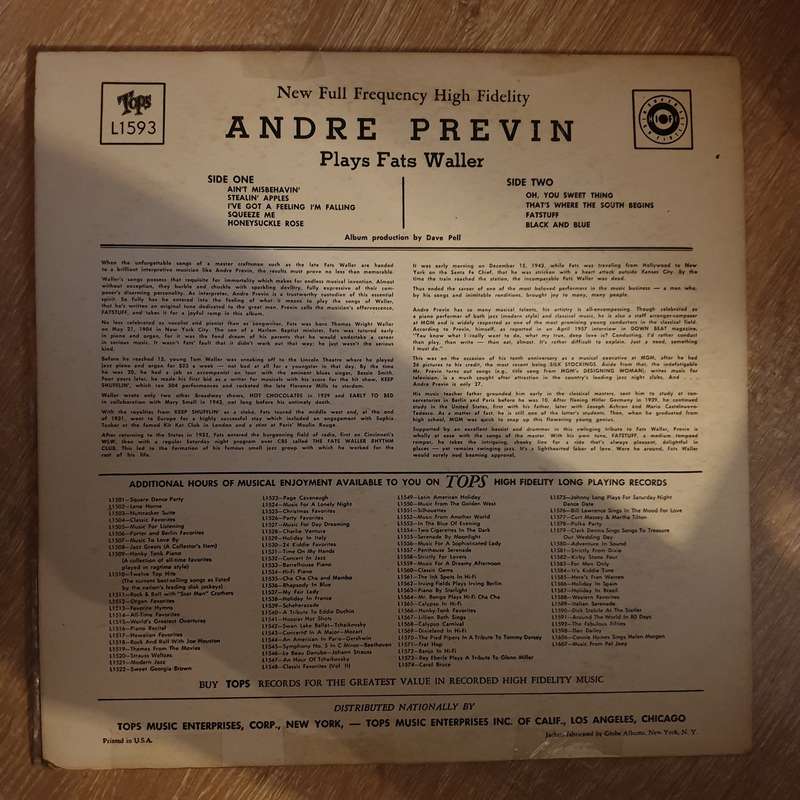 André Previn  Plays Fats Waller - Vinyl LP Record - Opened  - Very-Good+ Quality (VG+)
