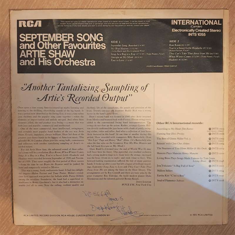 Artie Shaw And His Orchestra  "September Song"   Vinyl LP Record - Opened  - Very-Goo...
