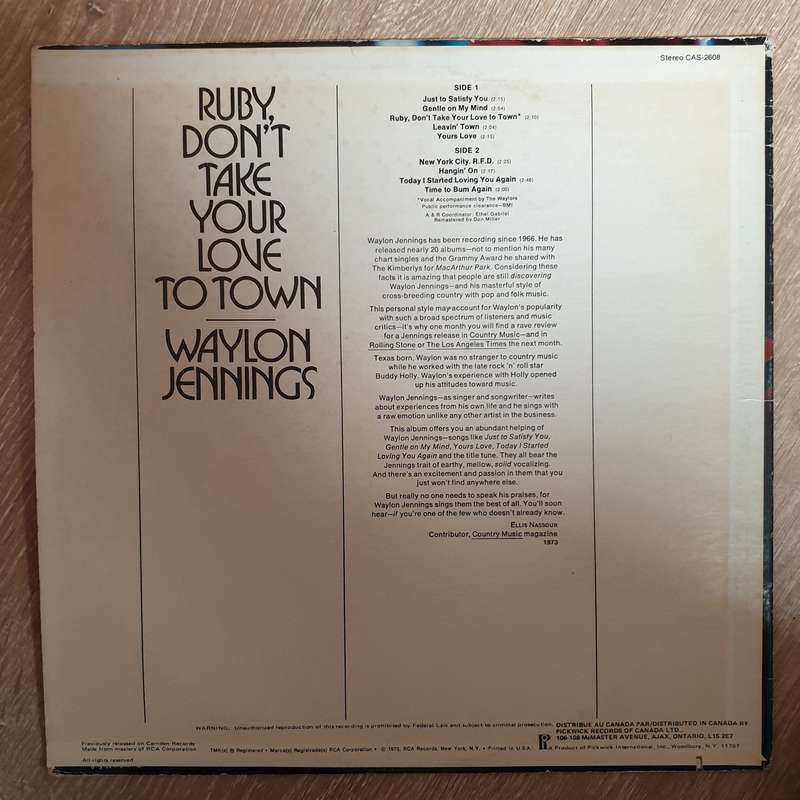 Waylon Jennings  Ruby, Don't Take Your Love To Town -  Vinyl LP Record - Very-Good+ Quality...