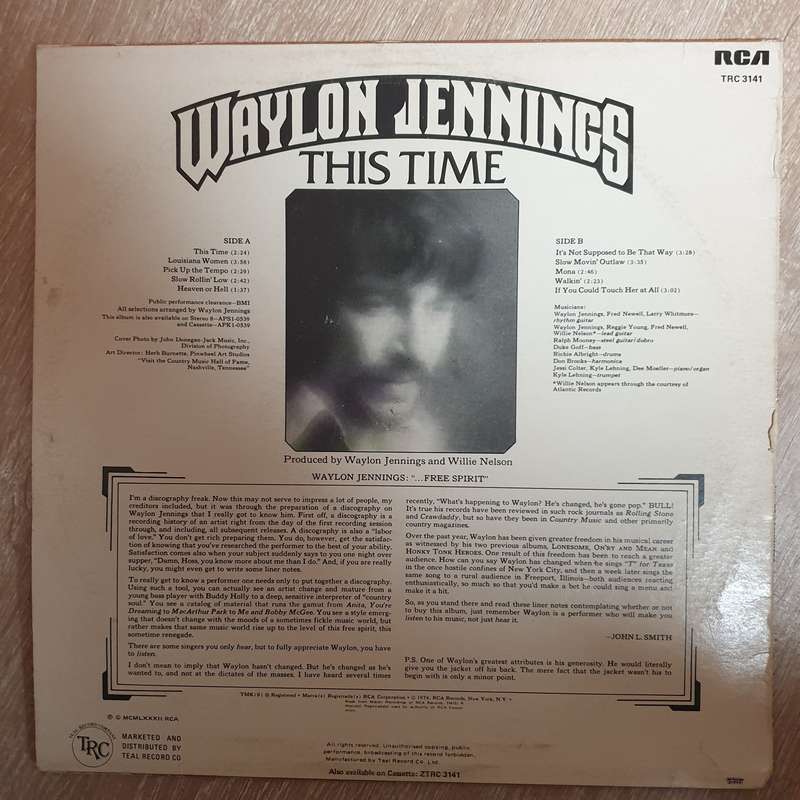 Waylon Jennings  This Time -  Vinyl LP Record - Very-Good+ Quality (VG+)