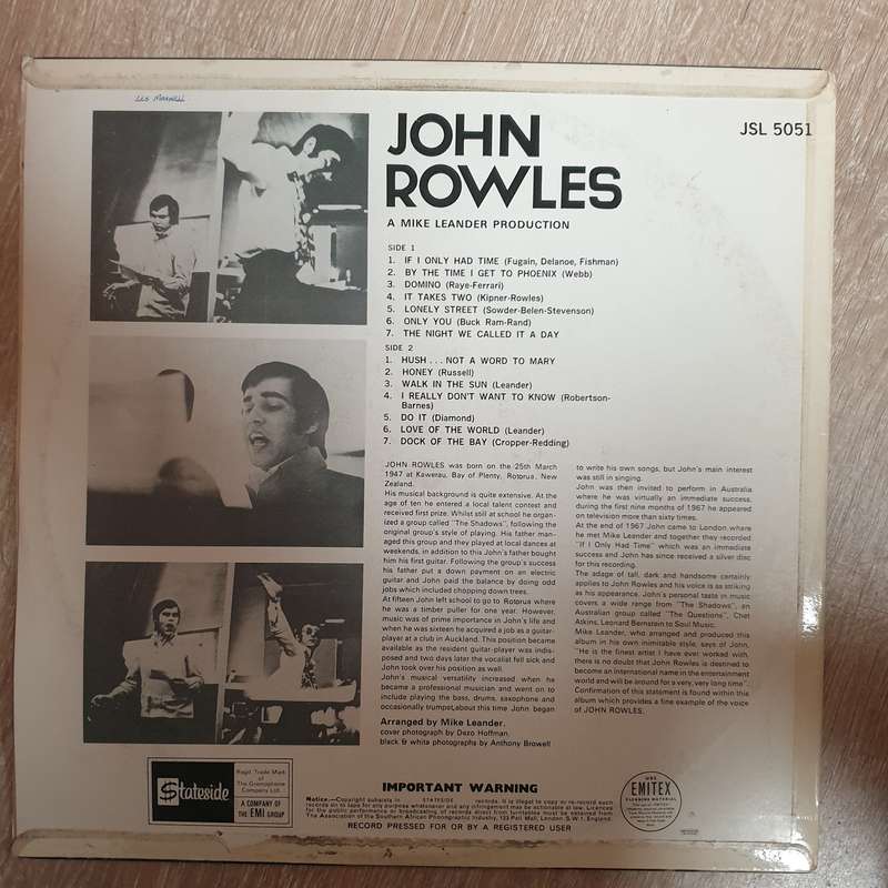 John Rowles  John Rowles -  Vinyl LP Record - Very-Good+ Quality (VG+)