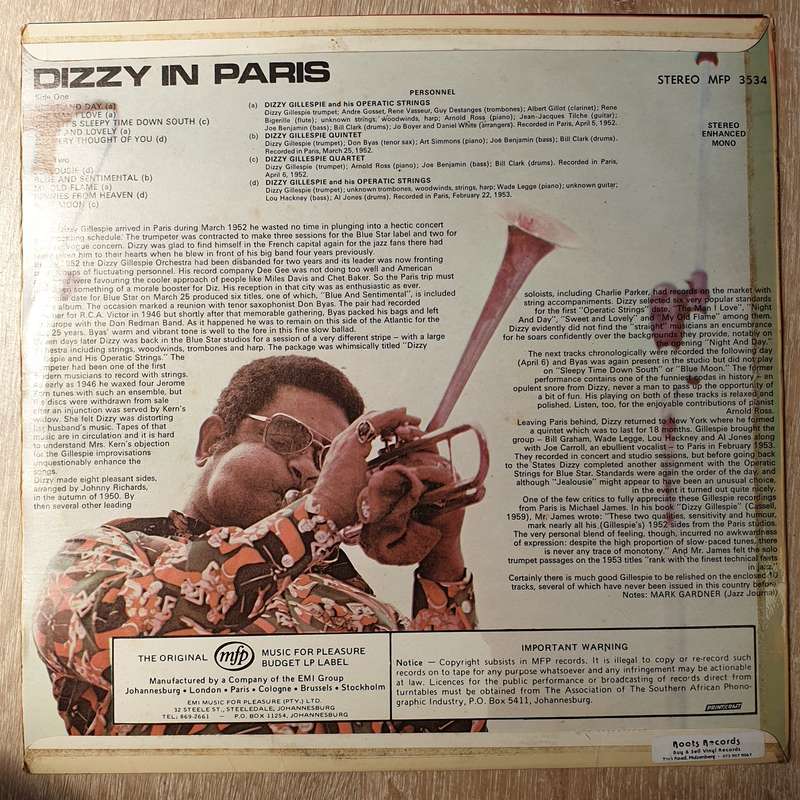 Dizzy Gillespie  Dizzy In Paris - Vinyl LP Record - Very-Good+ Quality (VG+)