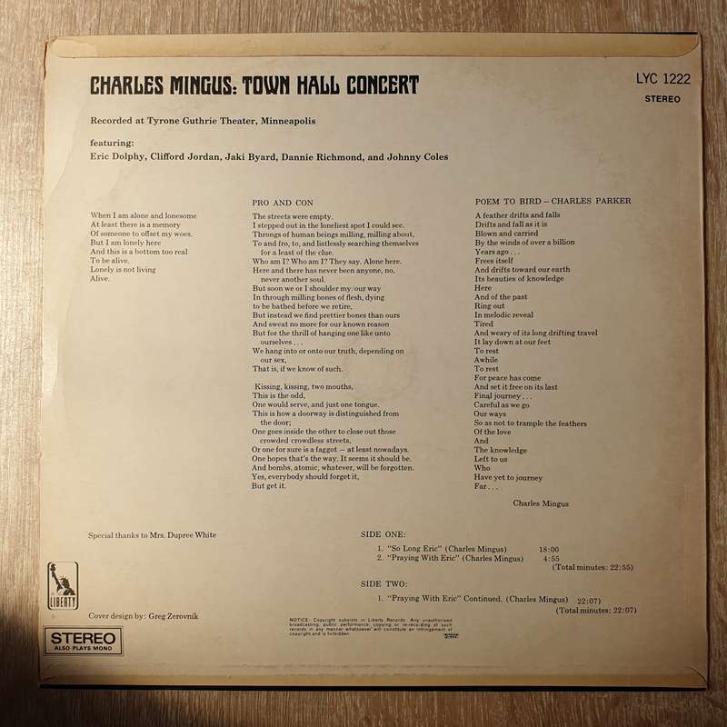 Charles Mingus  Town Hall Concert - Vinyl LP Record - Very-Good+ Quality (VG+)