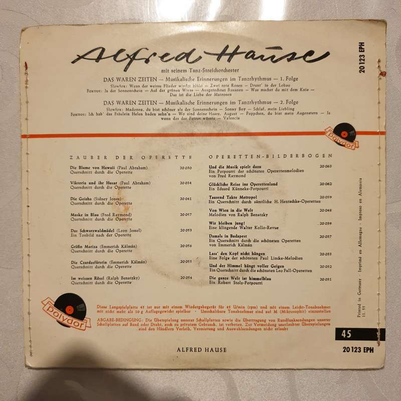 Alfred Hause Mit Seinen Tanz-Streichsolisten  Das Waren Zeiten - Vinyl 7" Record - Opened  ...