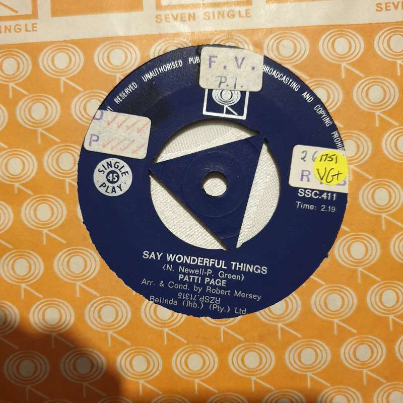Patti Page  Say Wonderful Things - Vinyl 7" Record - Very-Good+ Quality (VG+)