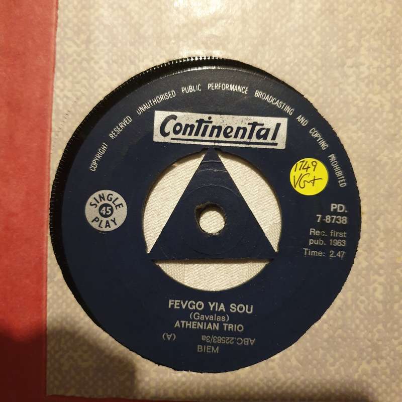 Athenian Trio  Fevgo Yia Sou - Vinyl 7" Record - Very-Good+ Quality (VG+)