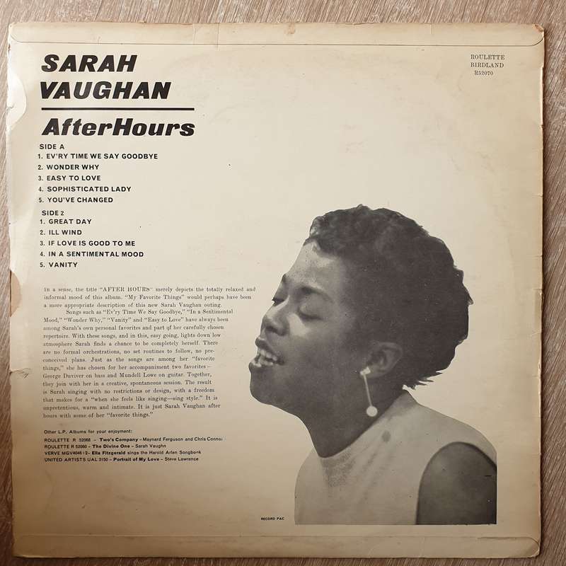 Sarah Vaughan  After Hours - Vinyl LP Record - Opened  - Very-Good Quality (VG)