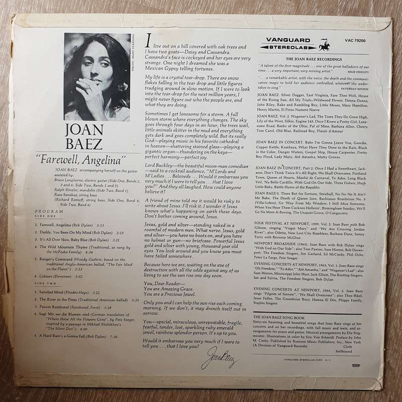 Joan Baez  Farewell, Angelina - Vinyl LP Record - Opened  - Good Quality (G)