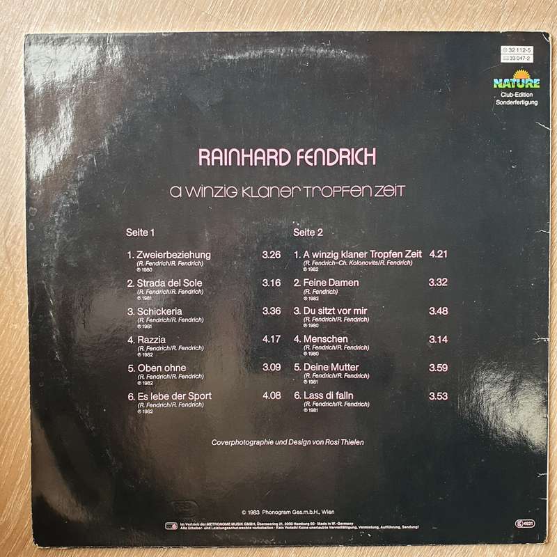 Rainhard Fendrich - A Winzig Klaner Tropfen Zeit -   Vinyl LP Record - Very-Good+ Quality (VG+)