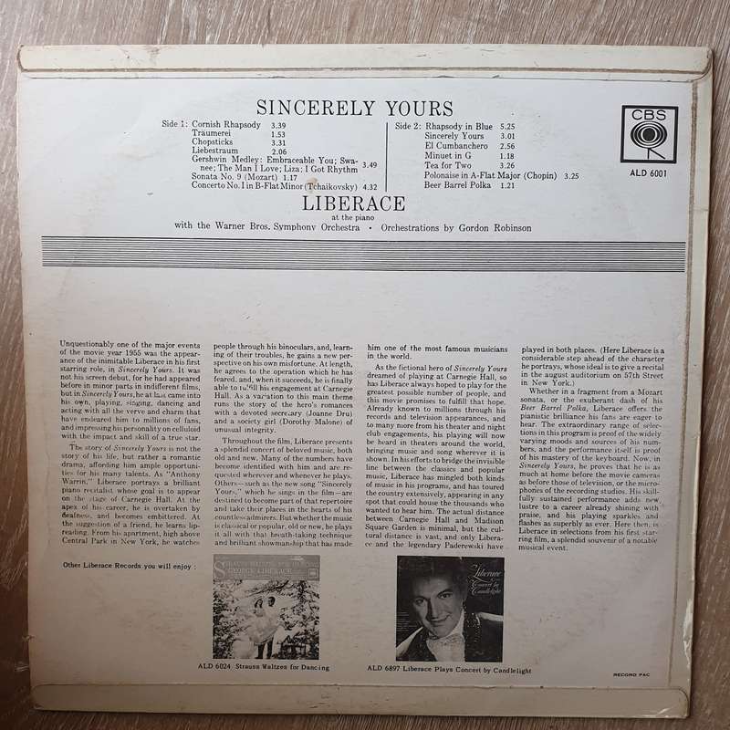 Liberace  Sincerely Yours -  Vinyl LP Record - Very-Good+ Quality (VG+)