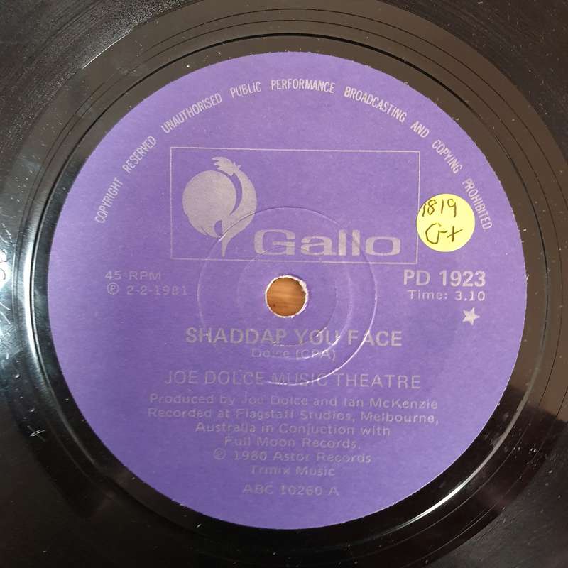 Joe Dolce Music Theatre  Shaddap You Face - Vinyl 7" Record - Good+ Quality (G+)