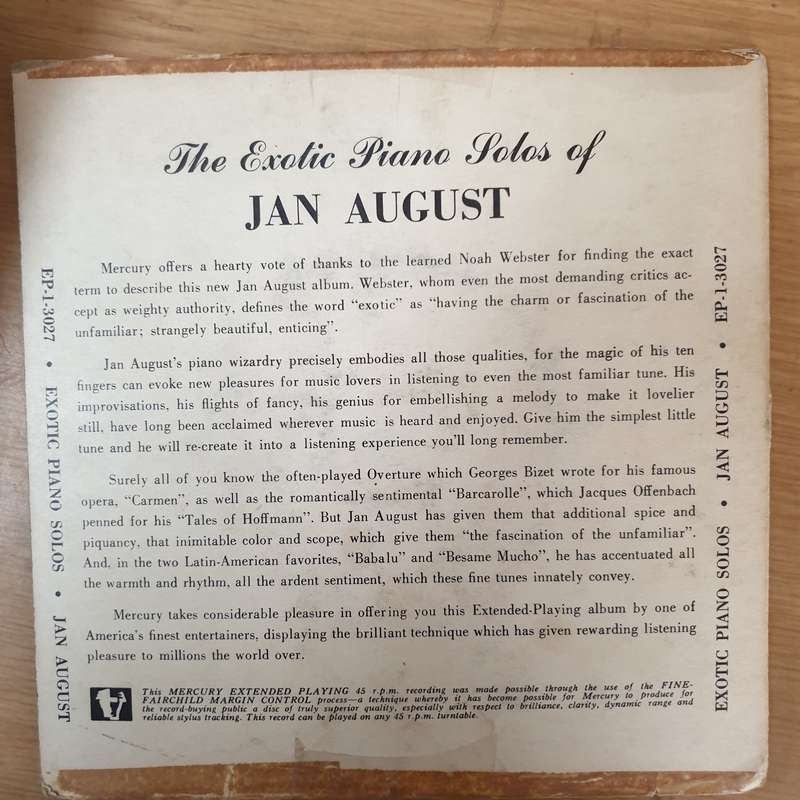 Jan August  Exotic Piano Rhythms - Vinyl 7" Record - Very-Good- Quality (VG-)