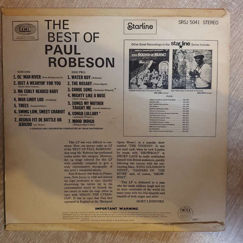 Paul Robeson  The Best Of Paul Robeson - Vinyl LP Record - Very-Good+ Quality (VG+)