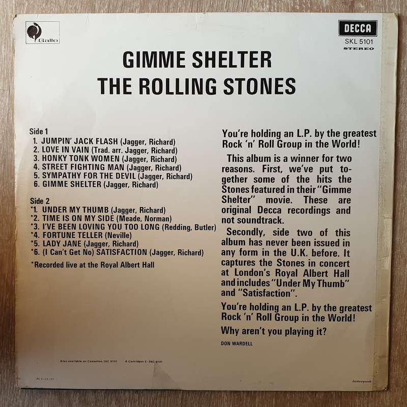 Rolling Stones  Gimme Shelter - Vinyl Record - Opened  - Very-Good- Quality (VG-)