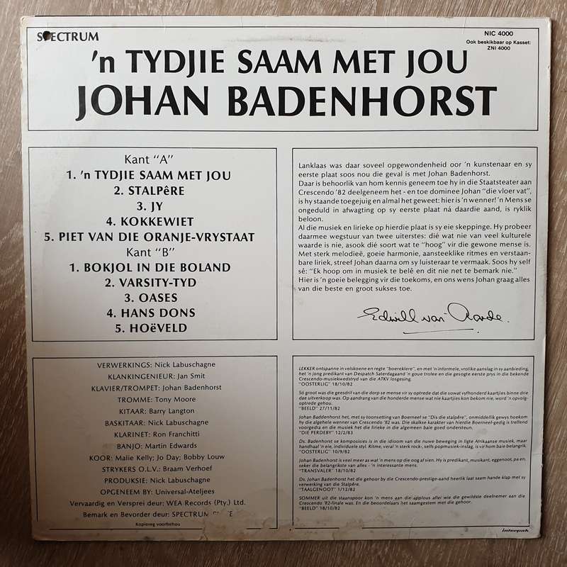 Johan Badenhorst - 'n Tydjie Saam Met Jou  Vinyl LP Record - Very-Good+ Quality (VG+)