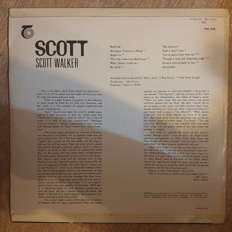 Scott Walker  Scott  Vinyl LP Record - Opened  - Very-Good  Quality (VG)