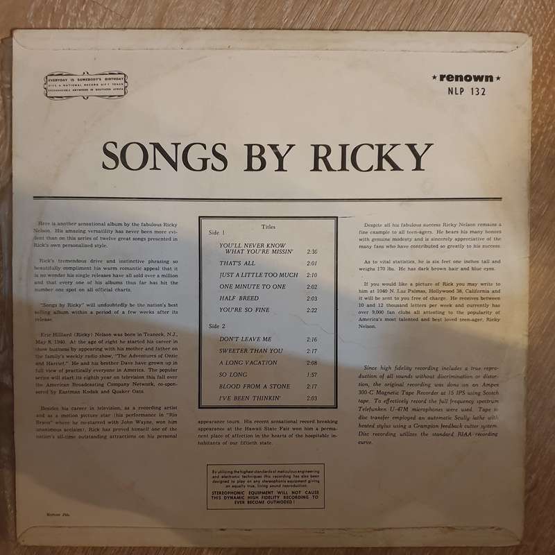 Ricky Nelson  Songs By Ricky - Vinyl LP Record - Opened  - Good Quality (G) (Vinyl Specials)