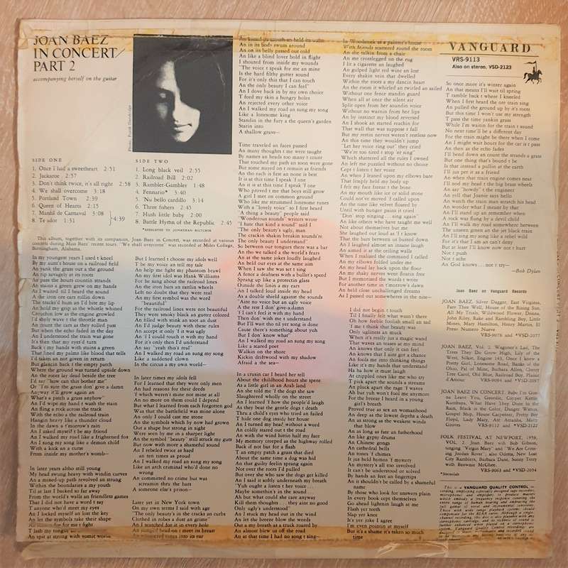 Joan Baez In Concert Part 2  Vinyl LP Record - Opened  - Very-Good- Quality (VG-)