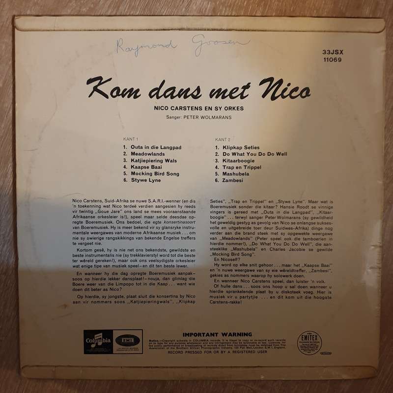 Nico Carstens En Sy Orkes  Kom Dans Met Nico - Vinyl LP Record - Very-Good+ Quality (VG+)