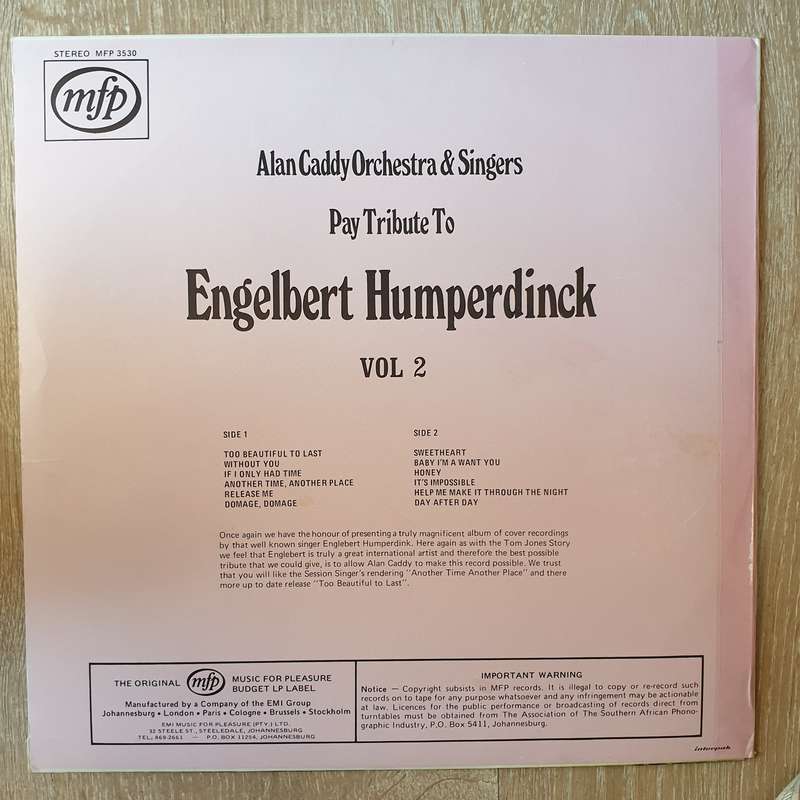 Engelbert Humperdinck Vol 2  Tribute - Alan Caddy Orchestra  - Vinyl LP Record - Opened  - ...