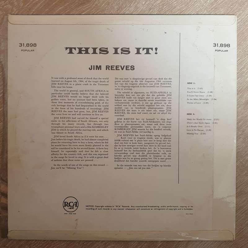 Jim reeves - This Is It - Vinyl LP Record - Opened  - Very-Good  Quality (VG)