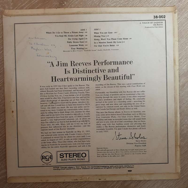Jim Reeves -  A Touch Of Sadness - Vinyl LP Record - Opened  - Good Quality (G)