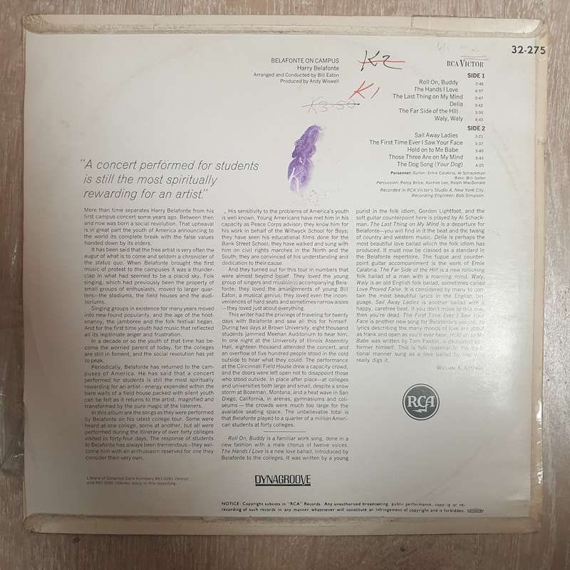 Harrry Belafonte - Belafonte on Campus -  Vinyl LP Record - Very-Good+ Quality (VG+)