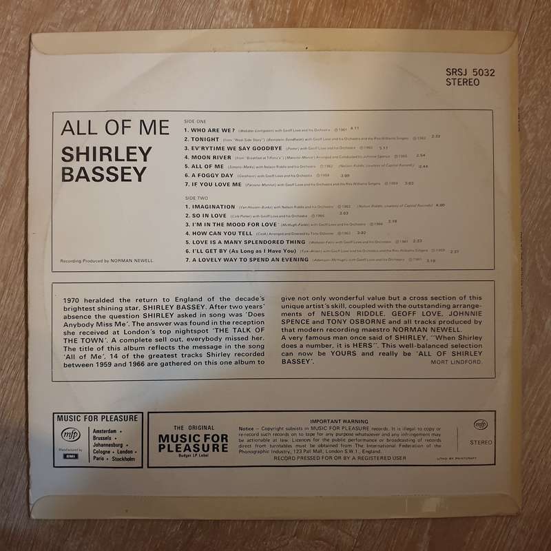 Shirley Bassey - All Of Me  - Vinyl LP Record - Very-Good  Quality (VG)