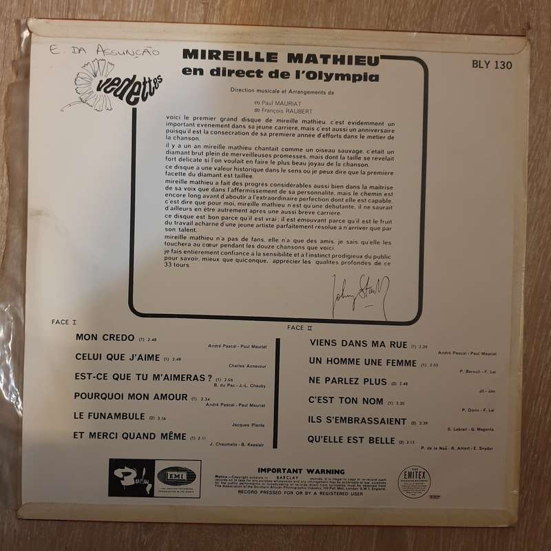 Mireille Mathieu - En Direct de L'Olympia- Vinyl LP Record - Very-Good+ Quality (VG+)