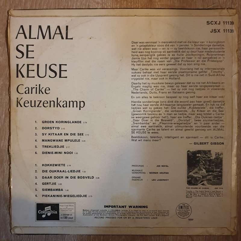 Carika Keuzenkamp - Almal Se Keuse'-  Vinyl LP Record - Opened  - Very-Good- Quality (VG-)