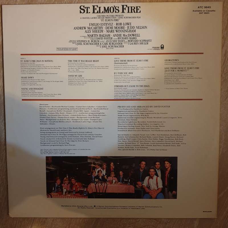 St. Elmo's Fire - Original Motion Picture Soundtrack - Vinyl LP Record - Very-Good+ Quality (VG+)