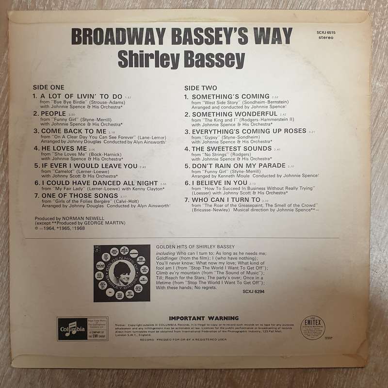 Shirley Bassey  Broadway Bassey's Way - Vinyl LP Record - Very-Good+ Quality (VG+)