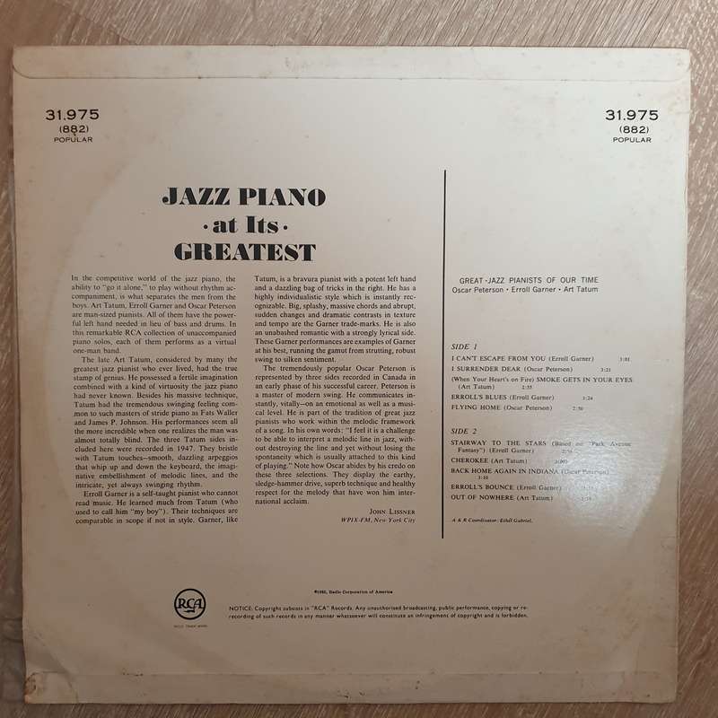 Oscar Peterson / Erroll Garner / Art Tatum  Great Jazz Pianists -  Vinyl LP Record - Very-G...