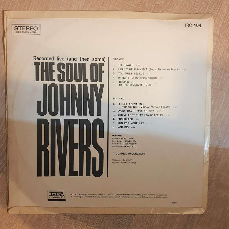 Johnny Rivers - The Soul Of Johnny Rivers  - Vinyl LP Record - Opened  - Fair Quality (F)