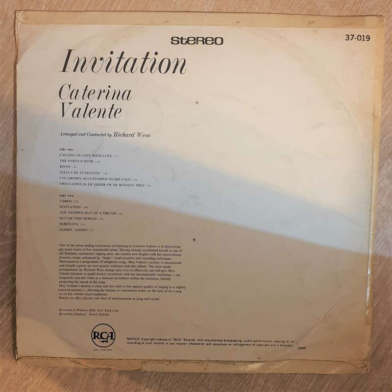 Caterina Valente  Invitation - Vinyl LP Record - Opened  - Good+ Quality (G+)