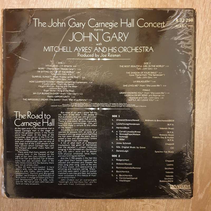 John Gary  Carnegie Hall Concert  - Vinyl LP Record - Opened  - Very-Good- Quality (VG-)