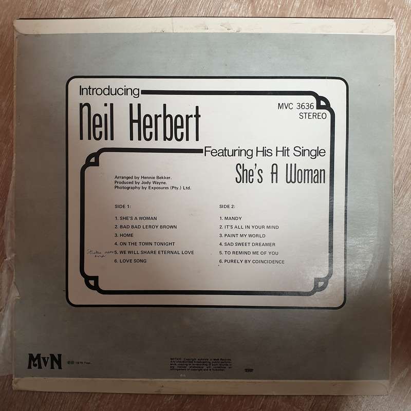 Neil Herbert - Introducing.. (Very Rare SA )  Vinyl LP Record - Very-Good+ Quality (VG+)