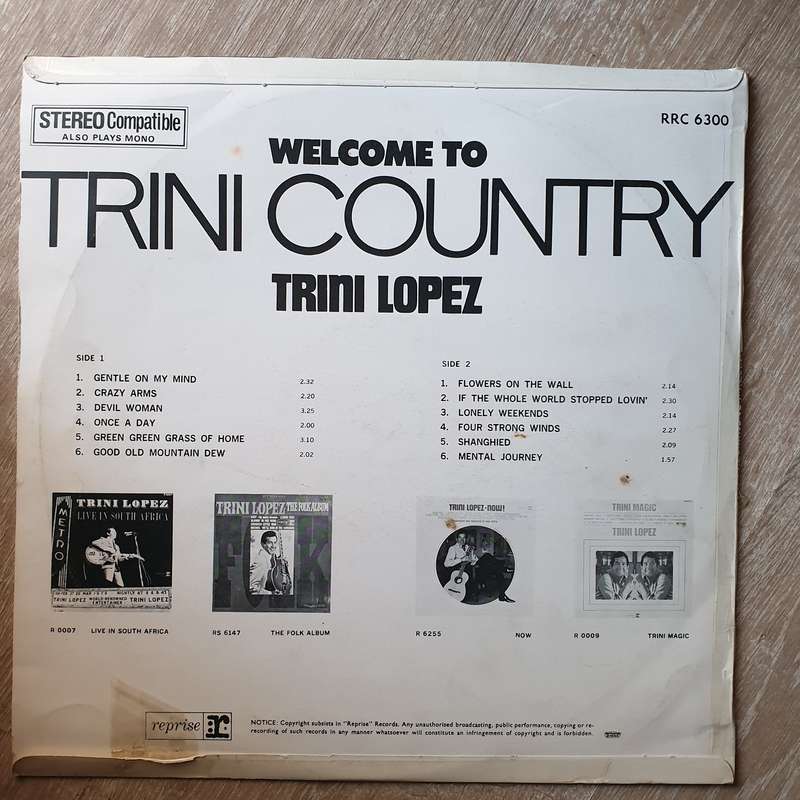 Trini Lopez  Welcome To Trini Country  Vinyl LP Record - Very-Good+ Quality (VG+)