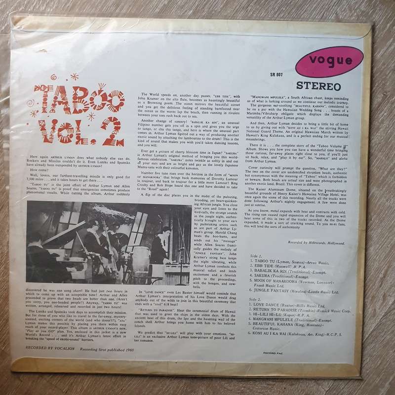 Arthur Lyman  Taboo Vol. 2  Vinyl LP Record - Very-Good+ Quality (VG+)