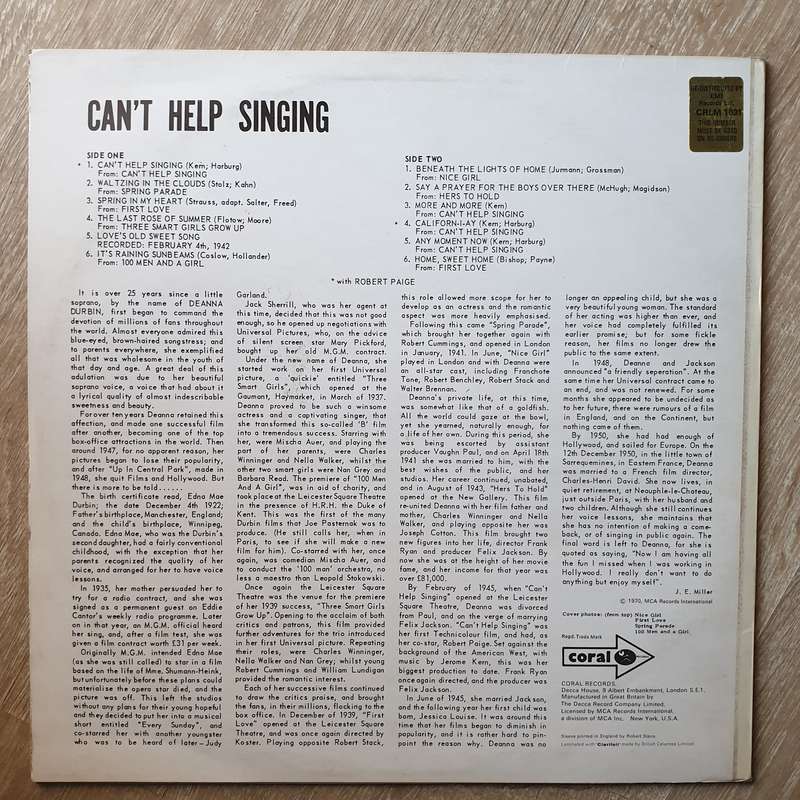 Deanna Durbin  Can't Help Singing  Vinyl LP Record - Very-Good+ Quality (VG+)