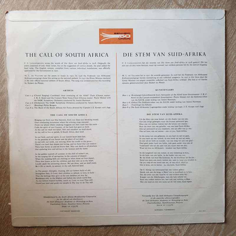 Die Stem Van Suid Africa - Vinyl LP Record - Very-Good+ Quality (VG+)