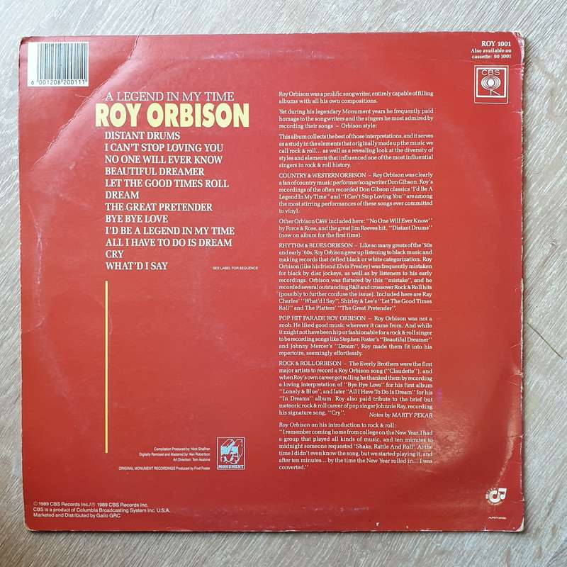 Roy Orbison  A Legend In Time - Vinyl LP Record - Opened  - Very-Good- Quality (VG-)