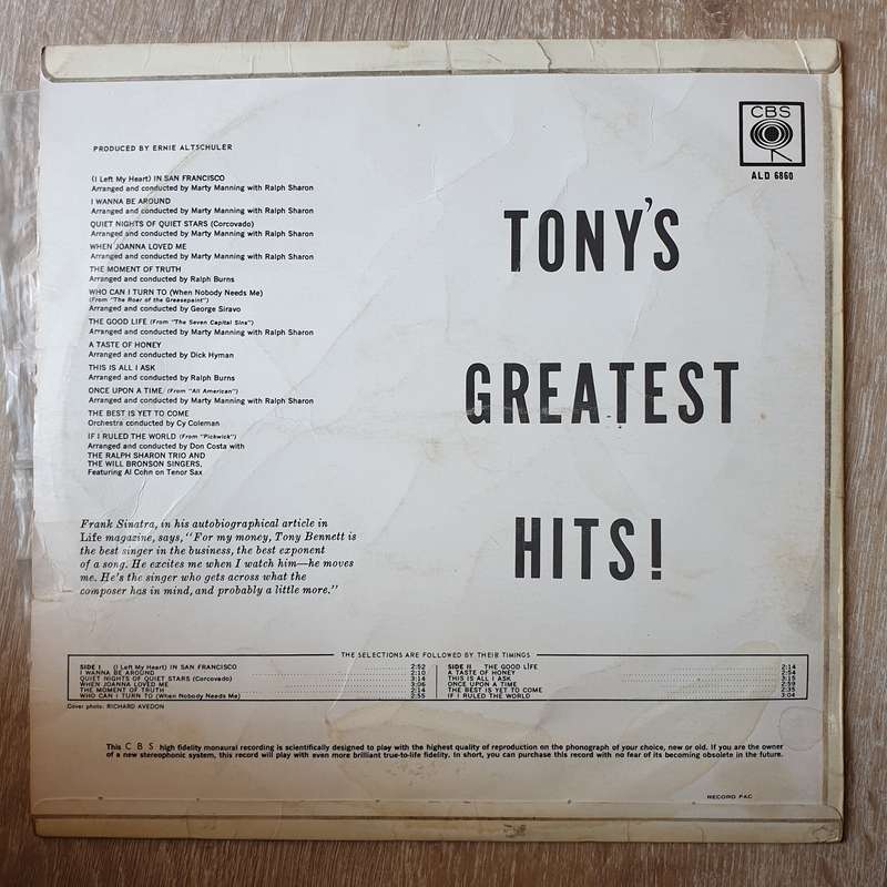 Tony Bennett  Tony's Greatest Hits - Vinyl LP Record - Opened  - Very-Good- Quality (VG-)