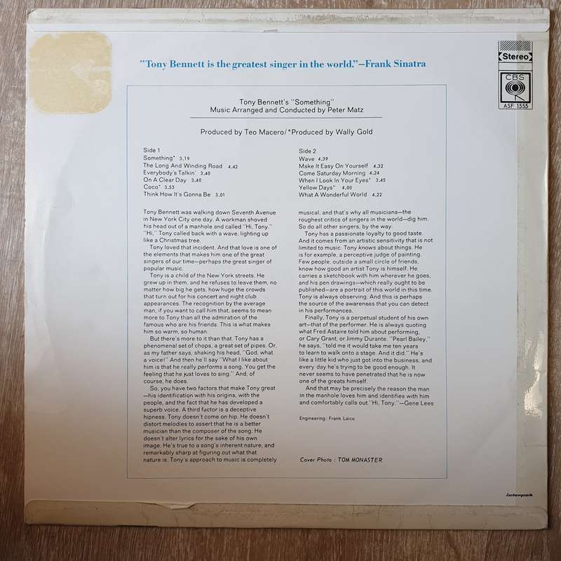 Tony Bennett  Tony Bennett's Something  Vinyl LP Record - Very-Good+ Quality (VG+)